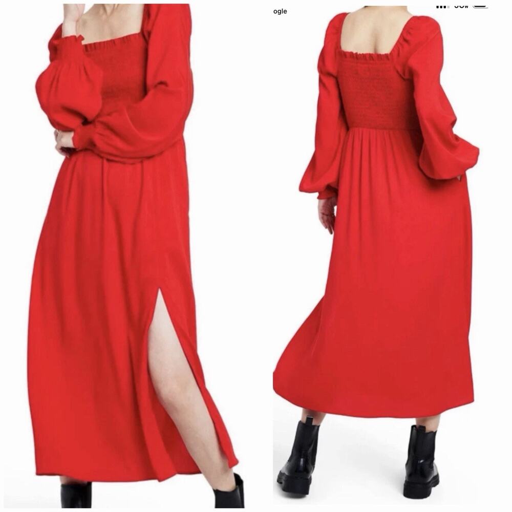 La Ligne Red Smocked Square Neck Puff Sleeve Midi Dress XXS Side Slit